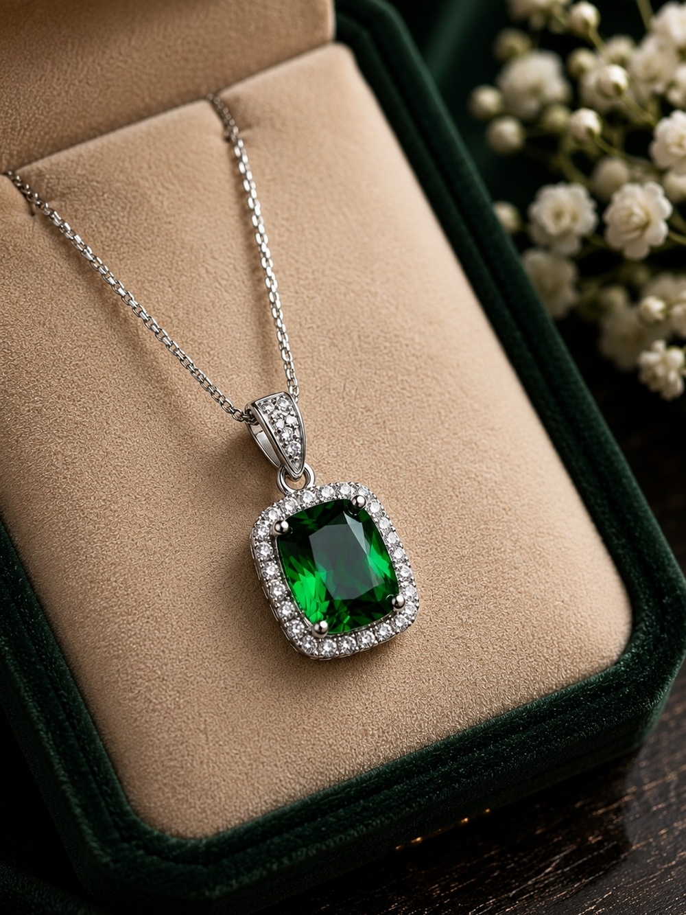 Green Emerald Cut CZ Halo Pendant Necklace Silver Tone Elegant Jewelry
